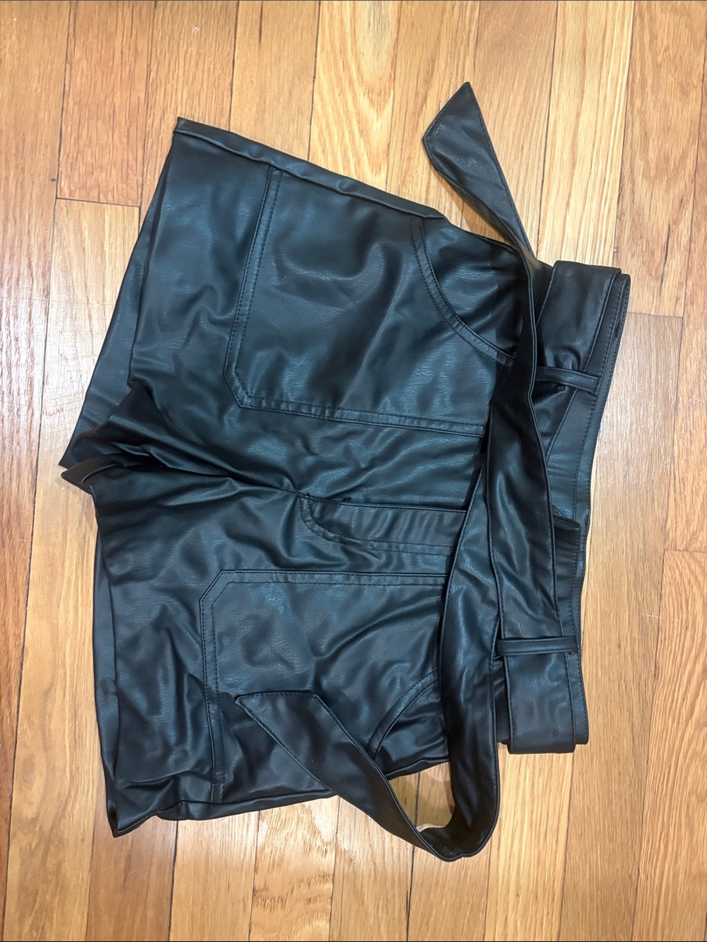 Zara Black Faux Leather Bermuda Shorts with Tie Belt